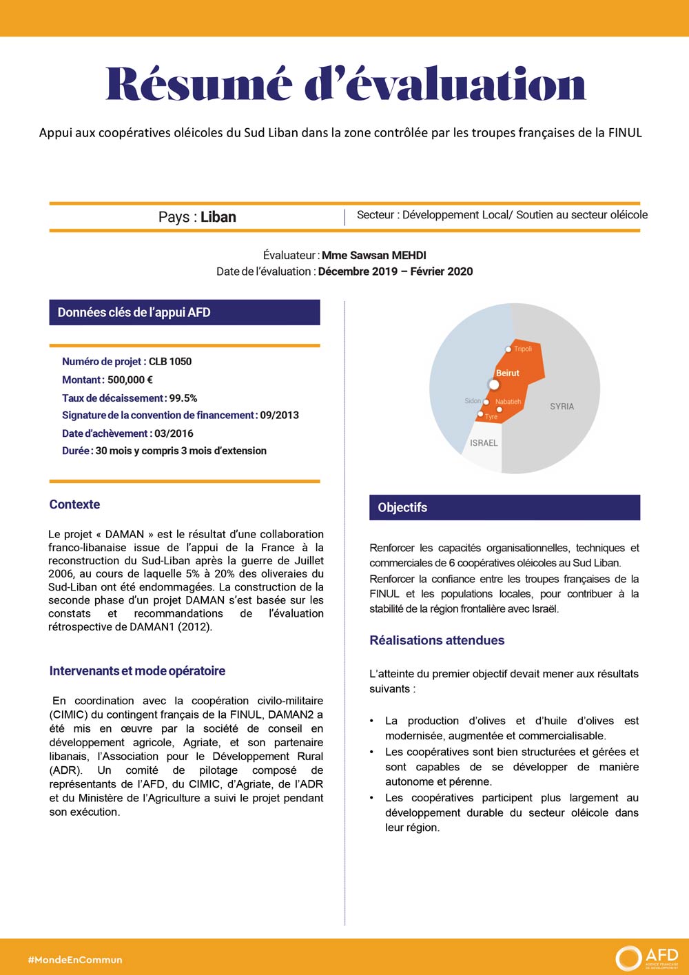 Résumé d'évaluation - Appui aux coopératives oléicoles du Sud Liban dans la zone contrôlée par les troupes françaises de la  FINUL