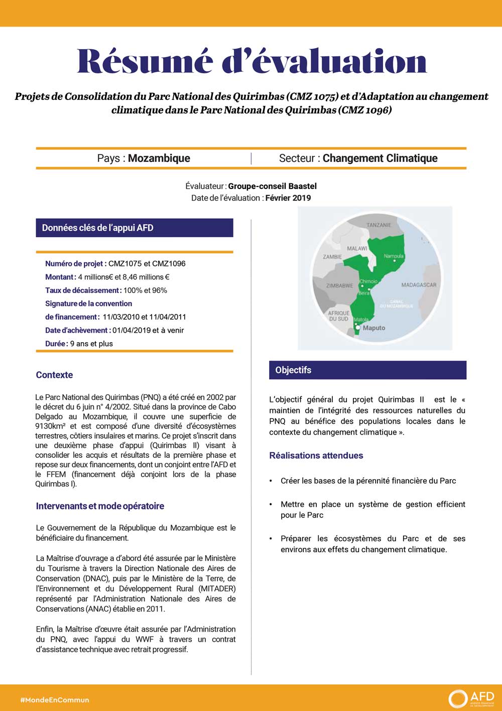 Résumé d'évaluation - Projets de consolidation  du parc national des Quirimbas et d'adaptation au changement climatique, Mozambique